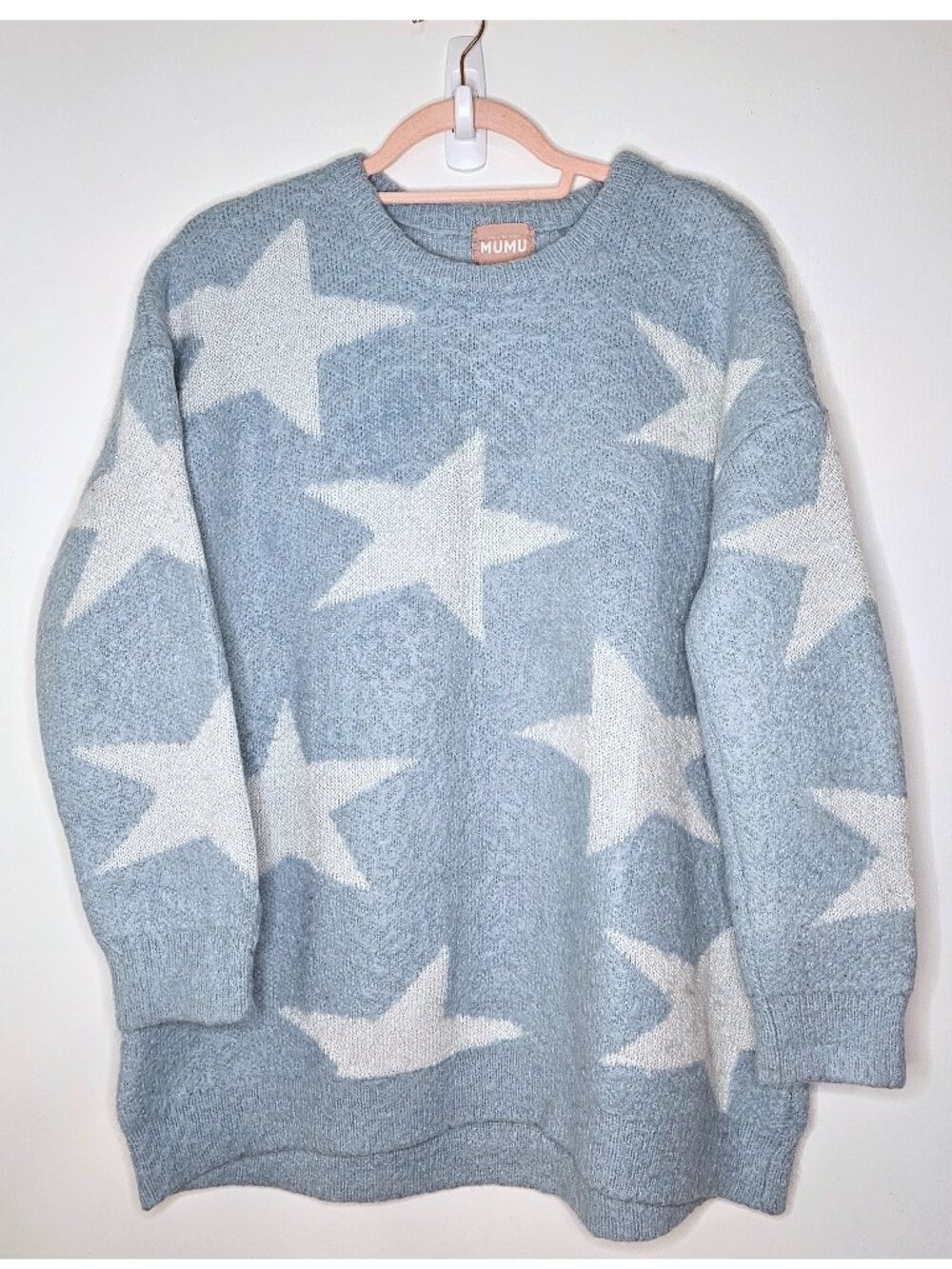 Show Me Your Mumu Fairy Godmother Oversized Star Print Sweater M Blue Fuzzy Knit